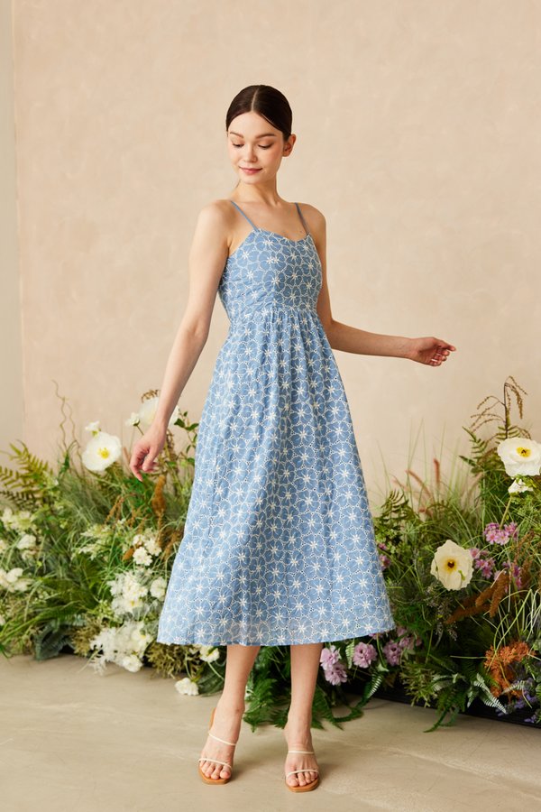 Lindie Embroidered Midi Dress in Sky Blue