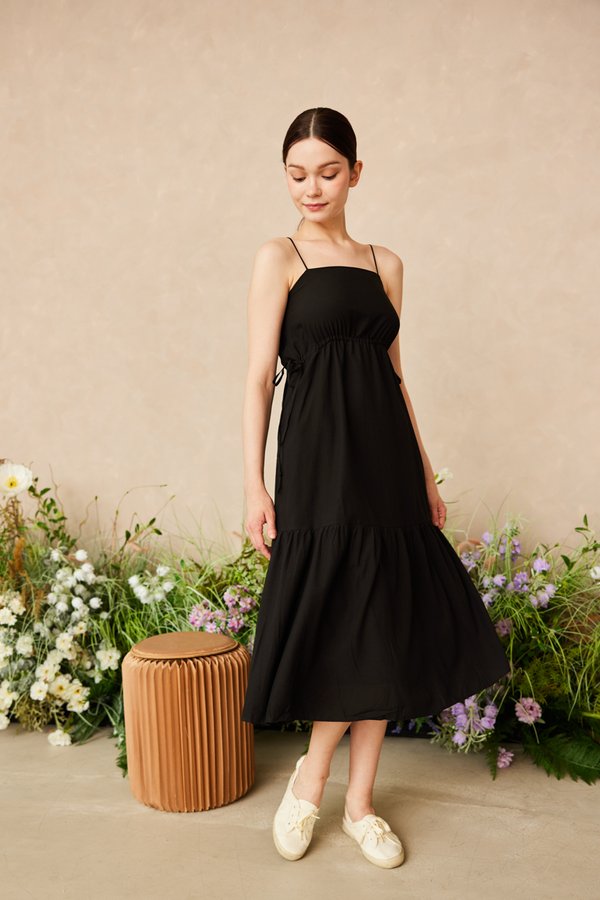 Azella Drawstring Midi Dress in Black