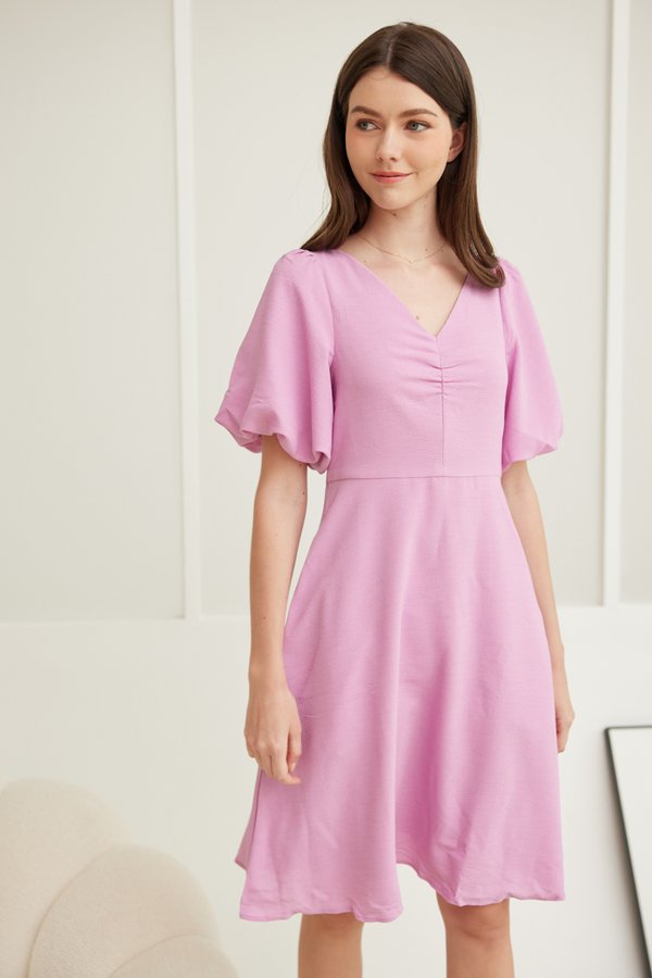 Jacie Puff Sleeves Fit & Flare Midi Dress in Pink
