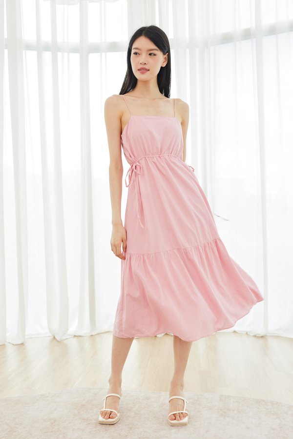 Azella Drawstring Midi Dress in Pink