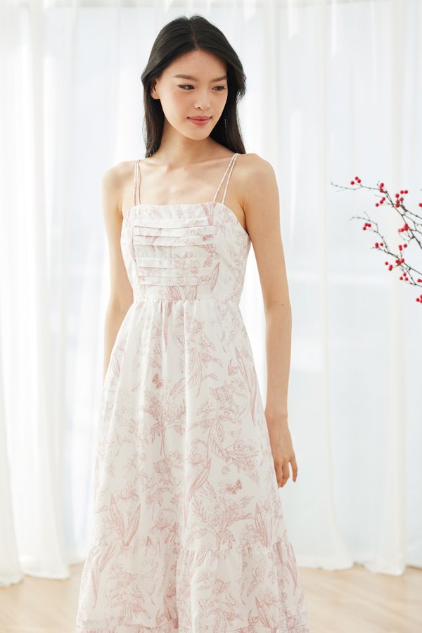 Delilah Pleat Ruffle Maxi Dress in Pink Floral