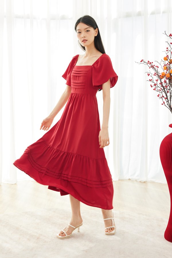 Daniella Pleat Ruffle Flutter Sleeves Dress in Red