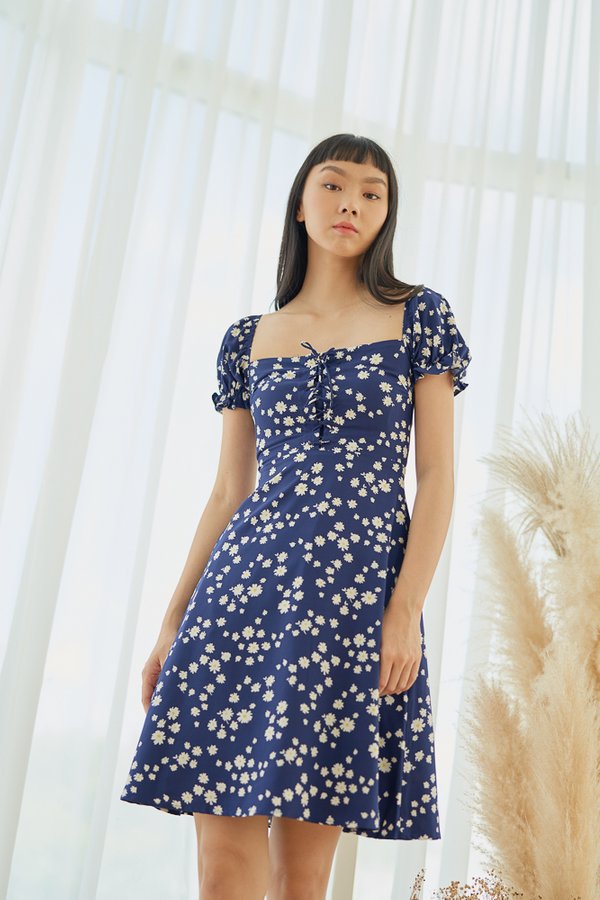 ARIANA Lace-Up Dress in Navy, By LVG