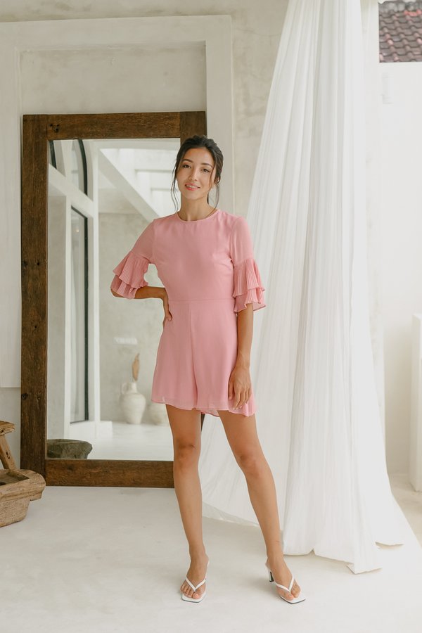 Kaia Pleated Sleeves Romper in Blush