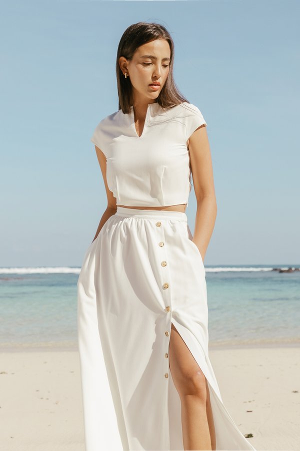 Coastal Side Slit Button Skirt in White