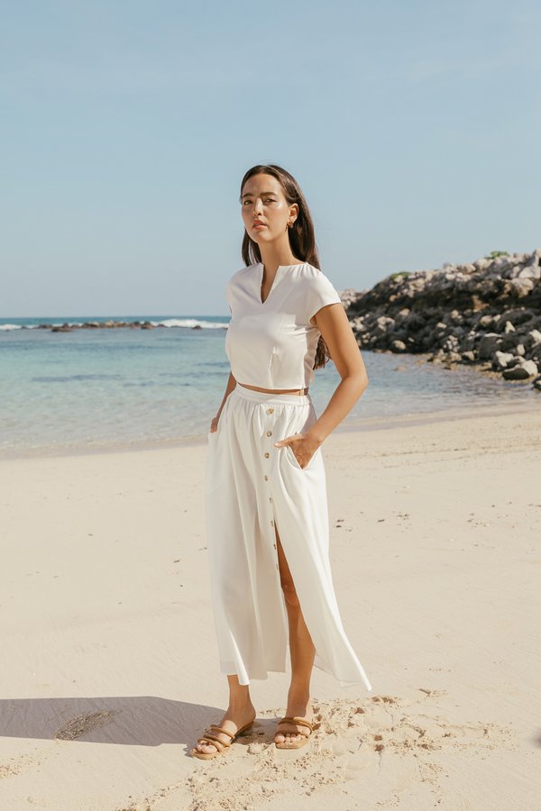 Coastal Side Slit Button Skirt in White