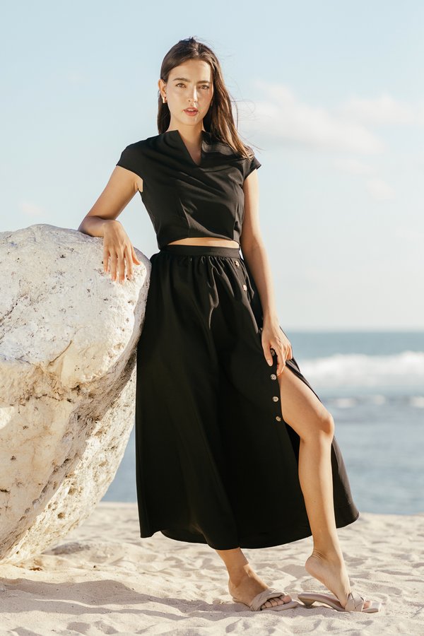 Coastal Side Slit Button Skirt in Black