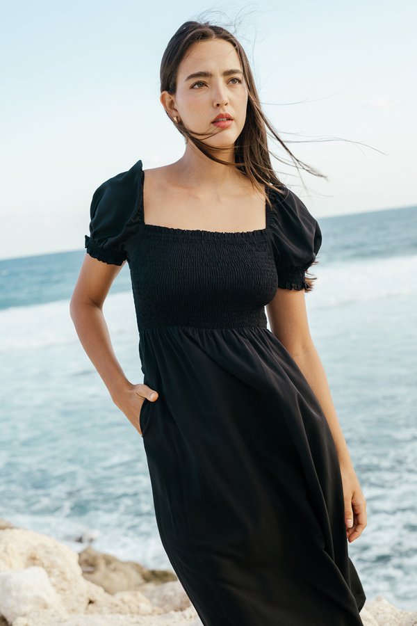 Coastal Shirred Dress in Black