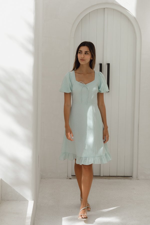 Mabel Ribbon Dress in Turquoise Gingham
