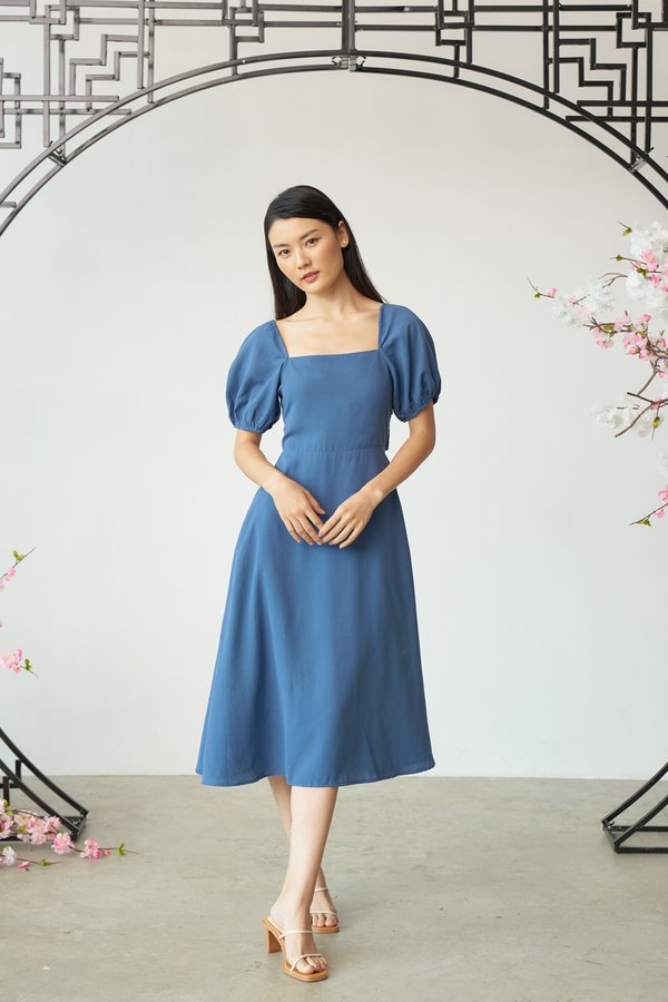 Emery Puff Sleeves Cut Out Dress in Dusty Blue