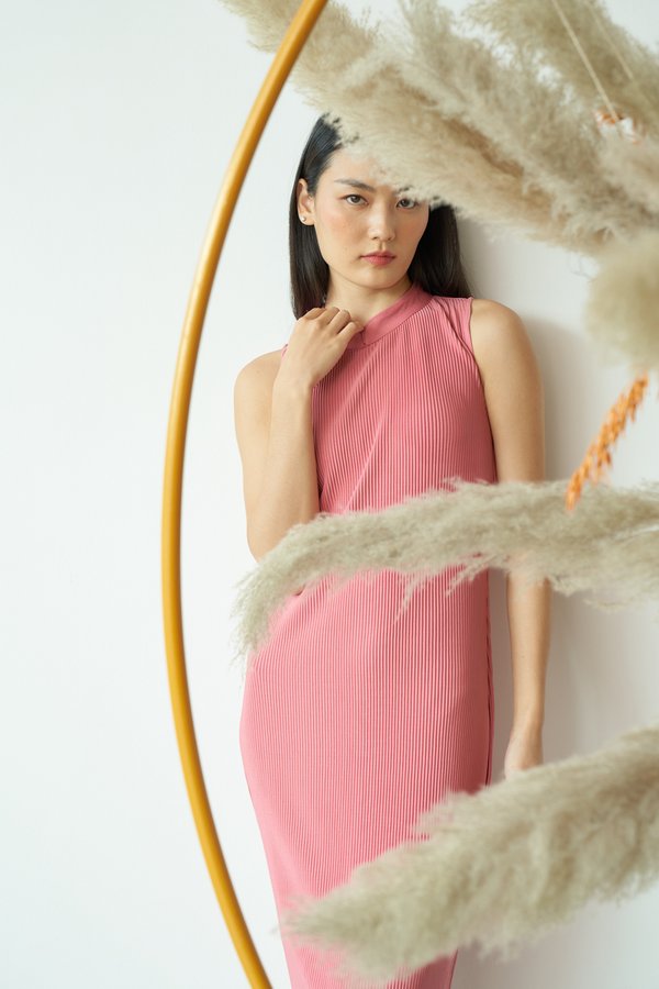 Luna Pleated Column Cheongsam in Coral Pink