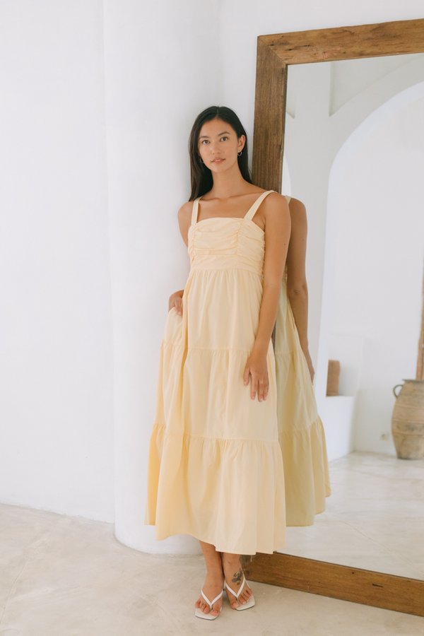 Dianne Ruched Midi Dress in Yellow