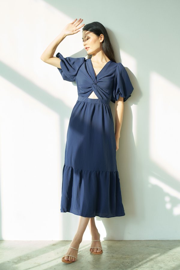 Paige Knot Front Cut Out Dress in Navy