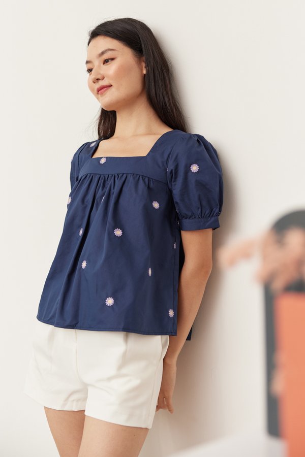 Sofia Embroidered Babydoll Top in Navy
