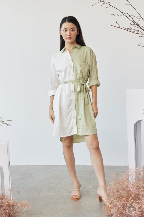 Candice Colorblock Shirt Dress in Green/White
