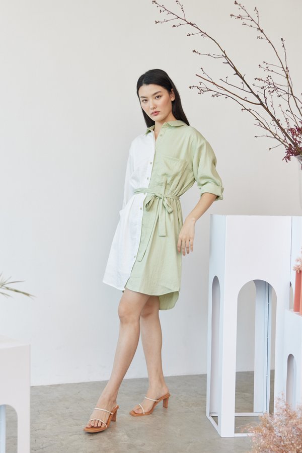 Candice Colorblock Shirt Dress in Green/White