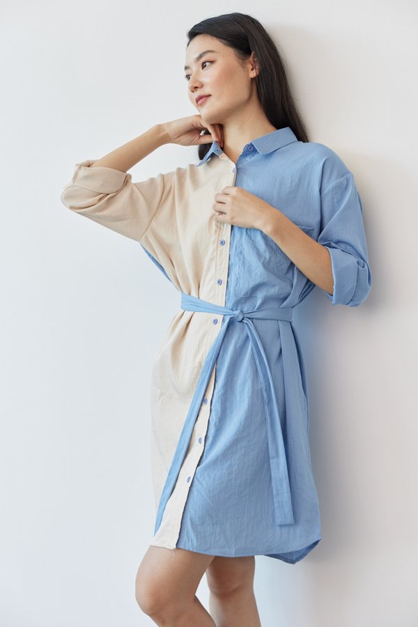 Candice Colorblock Shirt Dress in Ecru/Blue
